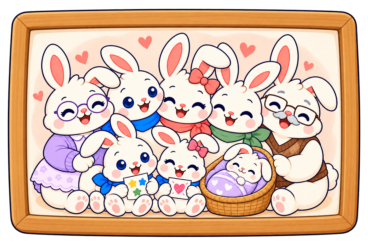 Toute la famille Bunny réunie dans un cadre en bois : Oliver, Rosie, Kit, Bea, Button, l’oncle Rowan, mamie June et papi Theo.