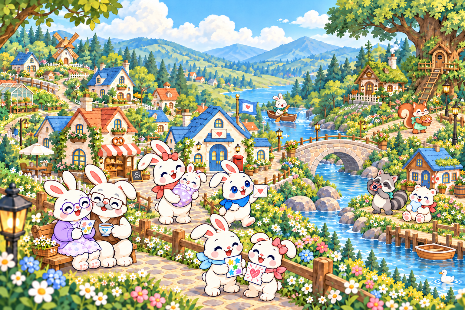 La famille Bunny et ses amis dans Bunnyland. Oncle Rowan pagaie dans un canoë en amont du pont, Maple apporte des biscuits, Remy prend une photo et Pebble tient un cœur de neige au bord de la rivière.